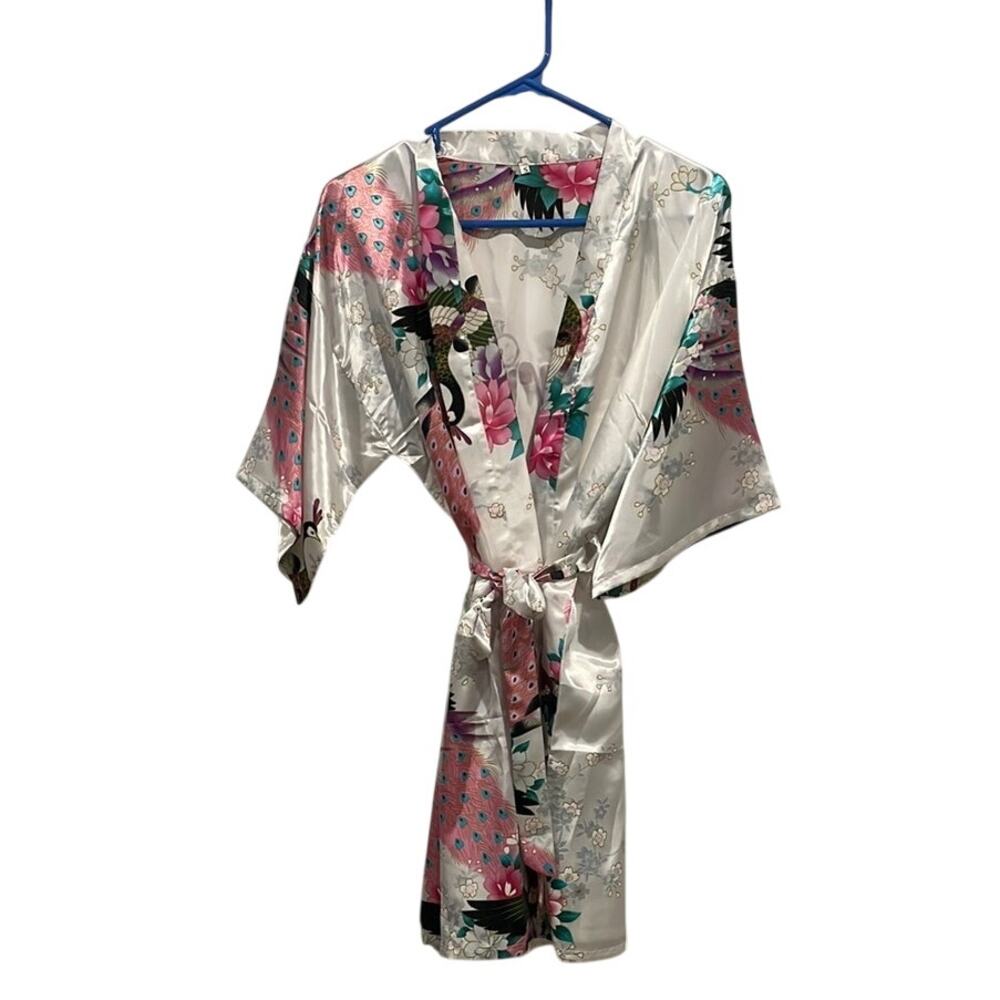Bride Kimono Robe Small Peacock Floral Belted Wedding Getting Ready Robe